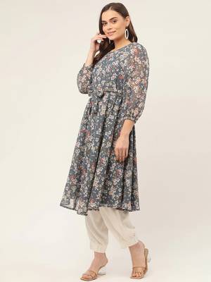 Grey Printed Georgette Women Kurta & Kurtis 3