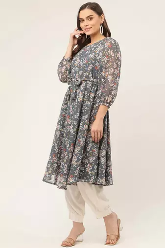 Grey Printed Georgette Women Kurta & Kurtis