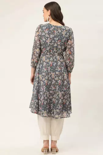 Grey Printed Georgette Women Kurta & Kurtis