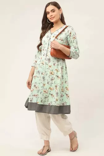 Sky Blue Printed Poly-viscose Women Kurta & Kurtis