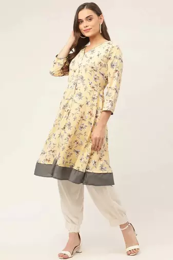 Yellow Printed Poly-viscose Women Kurta & Kurtis