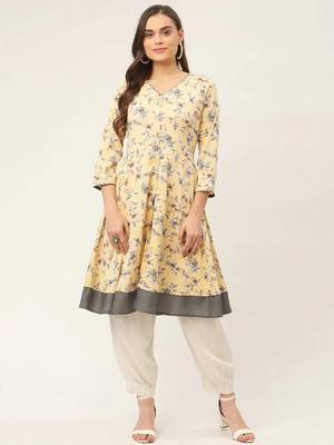 Yellow Printed Poly-viscose Women Kurta & Kurtis 2