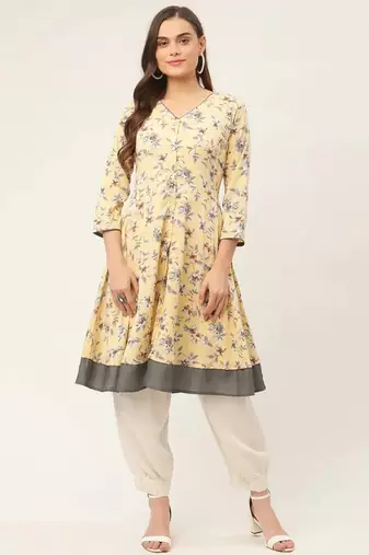 Yellow Printed Poly-viscose Women Kurta & Kurtis