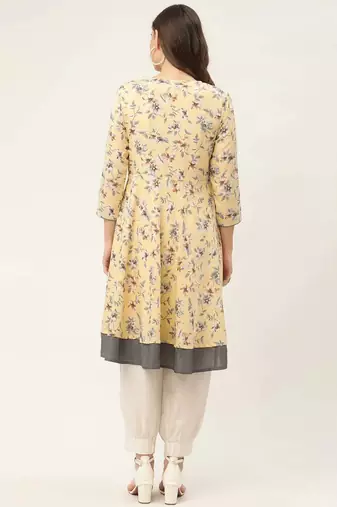 Yellow Printed Poly-viscose Women Kurta & Kurtis