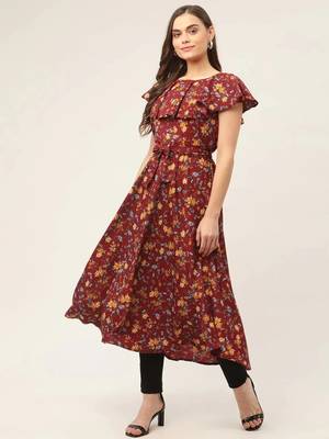 Maroon Printed Poly-viscose Women Kurta & Kurtis 1