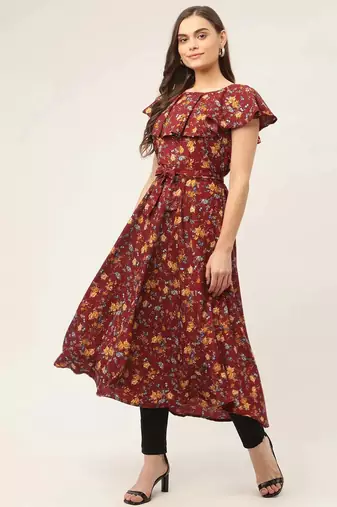 Maroon Printed Poly-viscose Women Kurta & Kurtis