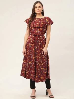 Maroon Printed Poly-viscose Women Kurta & Kurtis 2