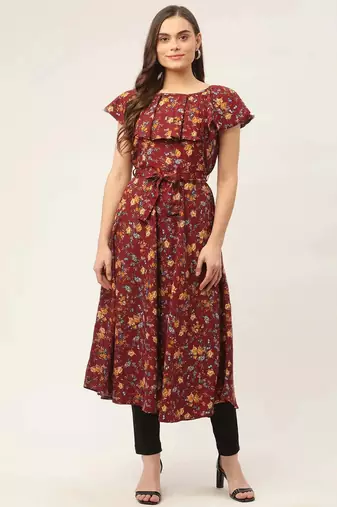 Maroon Printed Poly-viscose Women Kurta & Kurtis
