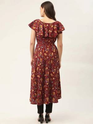 Maroon Printed Poly-viscose Women Kurta & Kurtis 4