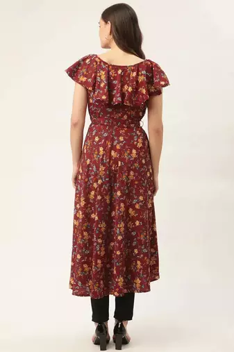 Maroon Printed Poly-viscose Women Kurta & Kurtis