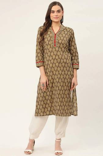 Brown Printed Cotton Women Kurta & Kurtis
