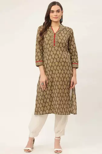 Brown Printed Cotton Women Kurta & Kurtis