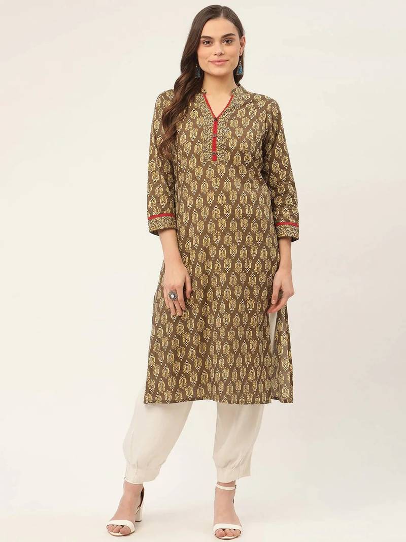 Brown Printed Cotton Women Kurta & Kurtis