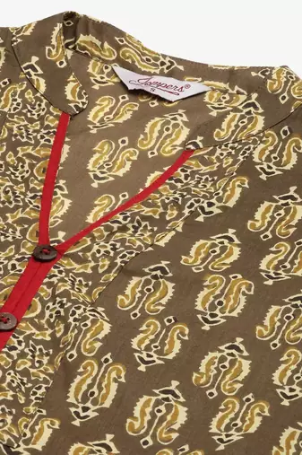 Brown Printed Cotton Women Kurta & Kurtis