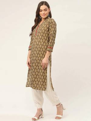 Brown Printed Cotton Women Kurta & Kurtis 3