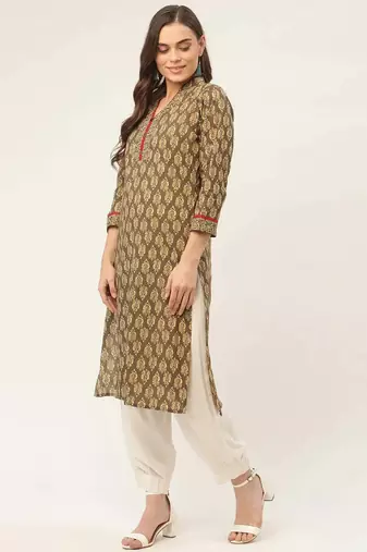 Brown Printed Cotton Women Kurta & Kurtis