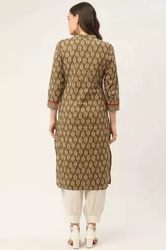 Brown Printed Cotton Women Kurta & Kurtis