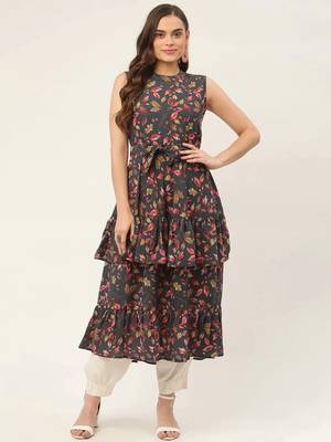 Grey Printed Poly-viscose Women Kurta & Kurtis 1