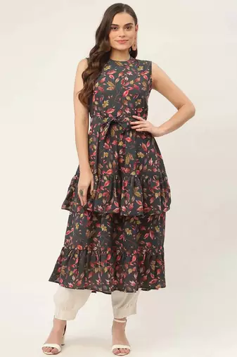 Grey Printed Poly-viscose Women Kurta & Kurtis