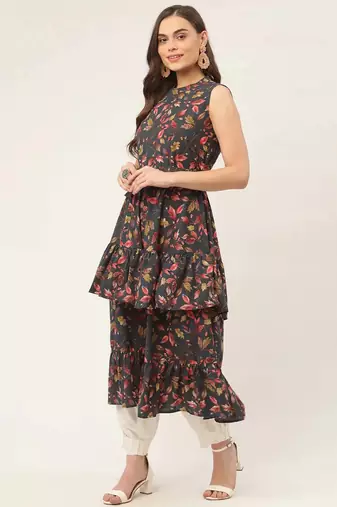 Grey Printed Poly-viscose Women Kurta & Kurtis