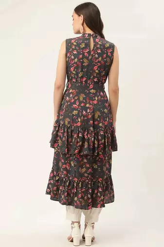 Grey Printed Poly-viscose Women Kurta & Kurtis