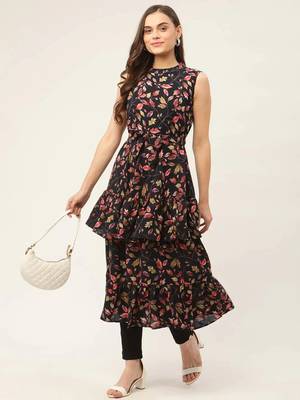 Navy Blue Printed Poly-viscose Women Kurta & Kurtis 1