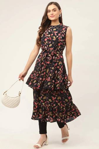 Navy Blue Printed Poly-viscose Women Kurta & Kurtis