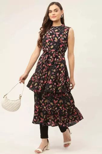 Navy Blue Printed Poly-viscose Women Kurta & Kurtis