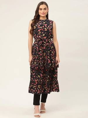 Navy Blue Printed Poly-viscose Women Kurta & Kurtis 2