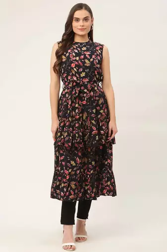 Navy Blue Printed Poly-viscose Women Kurta & Kurtis