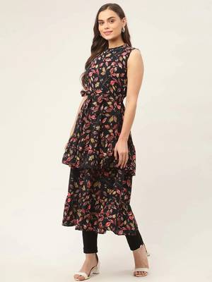 Navy Blue Printed Poly-viscose Women Kurta & Kurtis 4