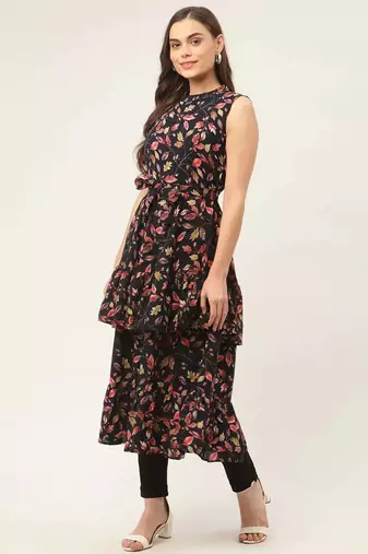 Navy Blue Printed Poly-viscose Women Kurta & Kurtis