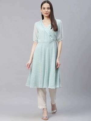 Turquoise Woven Design Jacquard Women Kurta & Kurtis 1