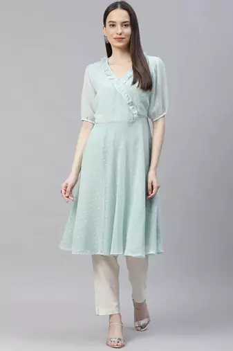 Turquoise Woven Design Jacquard Women Kurta & Kurtis