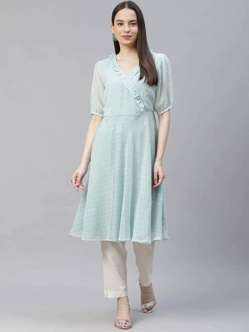 Turquoise Woven Design Jacquard Women Kurta & Kurtis