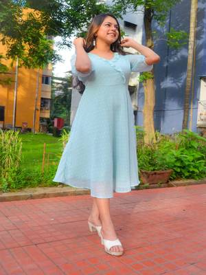Turquoise Woven Design Jacquard Women Kurta & Kurtis 2