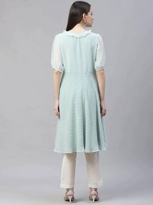 Turquoise Woven Design Jacquard Women Kurta & Kurtis 3