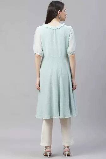 Turquoise Woven Design Jacquard Women Kurta & Kurtis