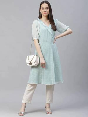 Turquoise Woven Design Jacquard Women Kurta & Kurtis 4