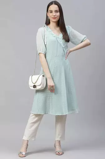 Turquoise Woven Design Jacquard Women Kurta & Kurtis