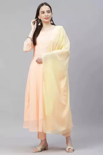 Peach Embroidered Georgette Women Kurta set