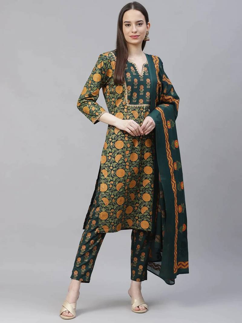 Green Printed Cotton Women Kurta set