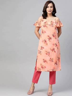Peach Printed Georgette Women Kurta & Kurtis 1