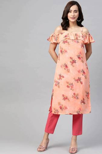 Peach Printed Georgette Women Kurta & Kurtis