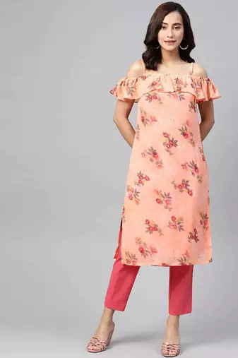 Peach Printed Georgette Women Kurta & Kurtis