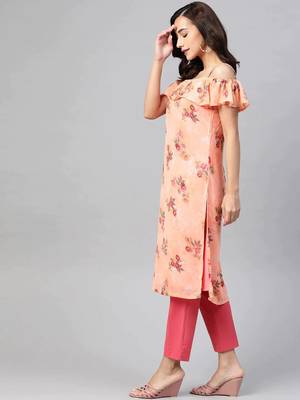 Peach Printed Georgette Women Kurta & Kurtis 3