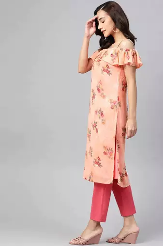 Peach Printed Georgette Women Kurta & Kurtis