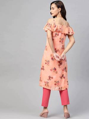 Peach Printed Georgette Women Kurta & Kurtis 4