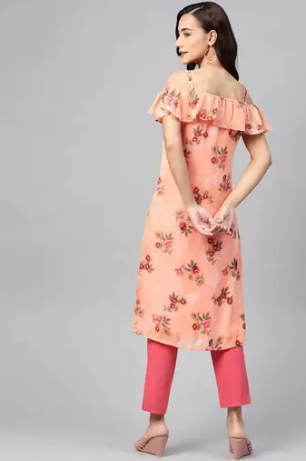 Peach Printed Georgette Women Kurta & Kurtis