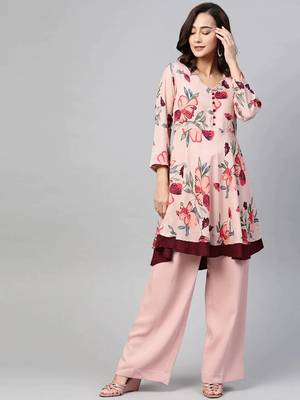 Peach Printed Polyester Women Kurta & Kurtis 1